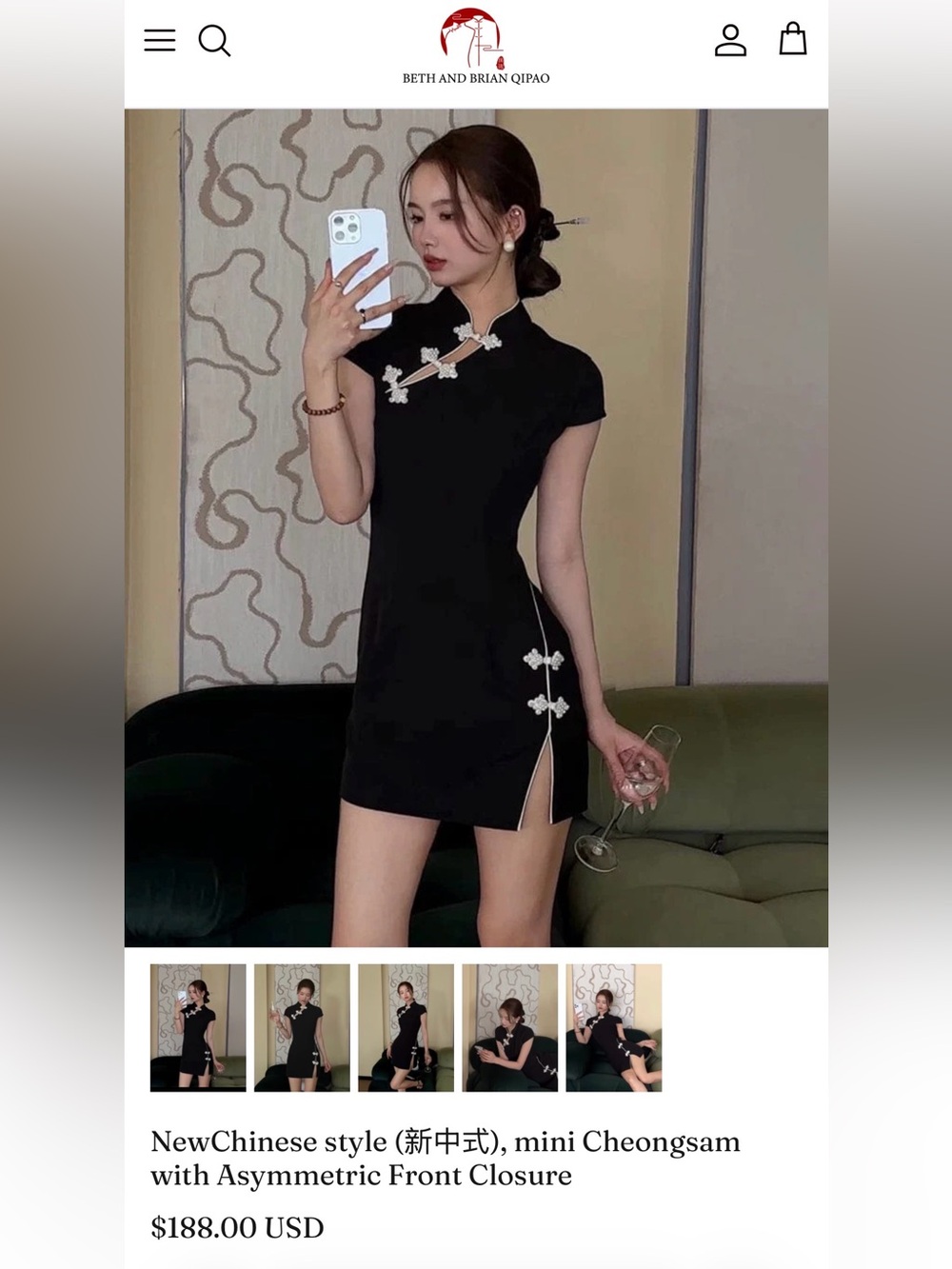 Black Mini Cheongsam Dress with Asymmetric Front Closure